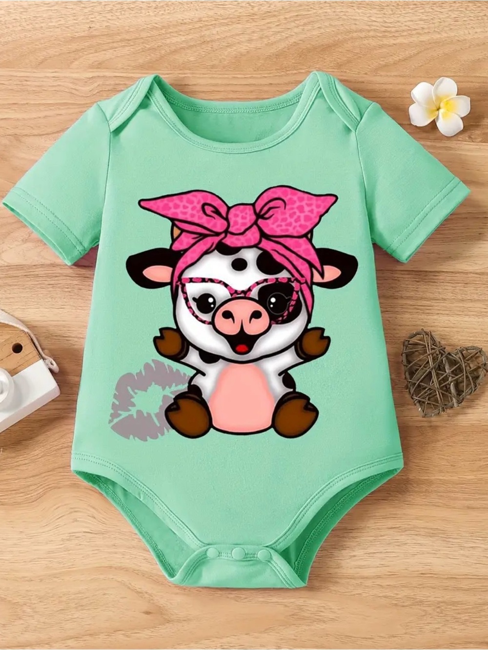 Mint Green Cow Graphic Baby One-Piece with Pink Accents